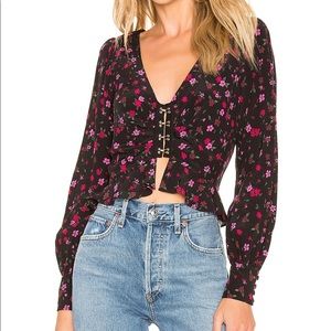 For Love and Lemons Black Floral Long Sleeve Isabella Ruched Top Medium